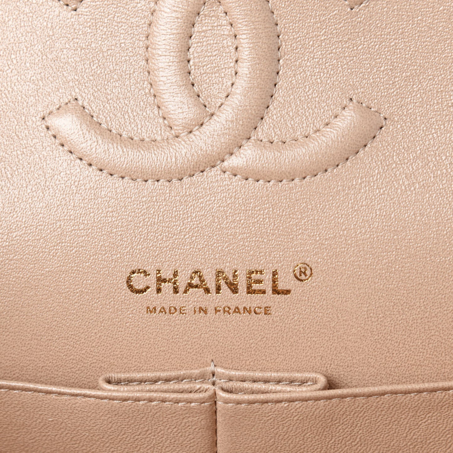 Iridescent Calfskin Quilted Medium Double Flap Beige
