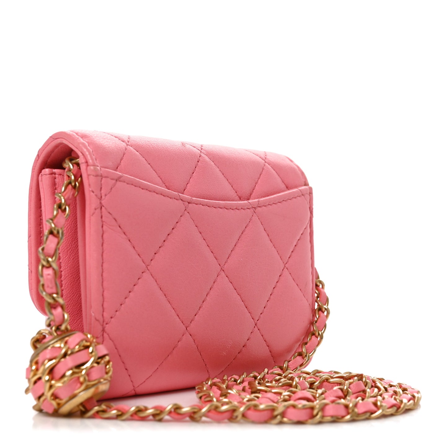 Lambskin Quilted Pearl Crush Card Holder With Chain Pink