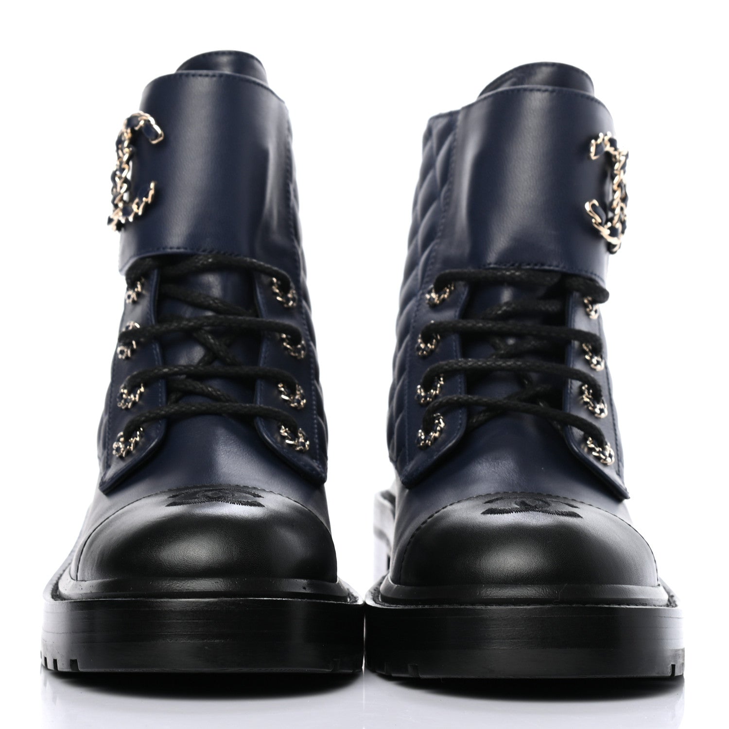 Chanel Lambskin Calfskin Quilted Lace Up Combat Boots 39 Navy 2 of 8