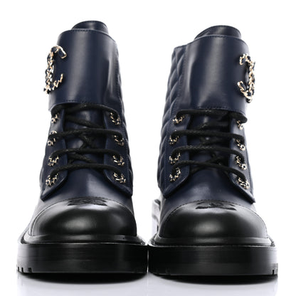 Chanel Lambskin Calfskin Quilted Lace Up Combat Boots 39 Navy 2 of 8