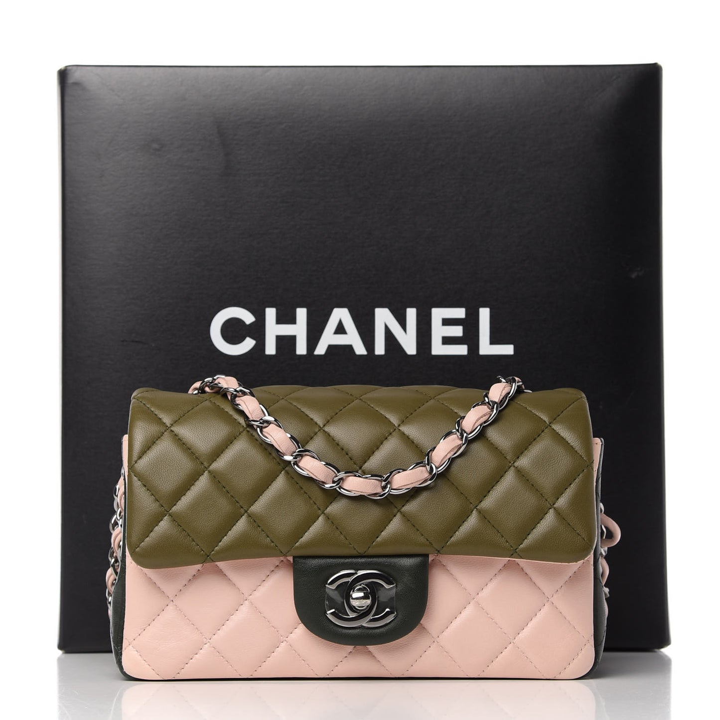 Lambskin Quilted Tri-Color Mini Rectangular Flap Green Pink