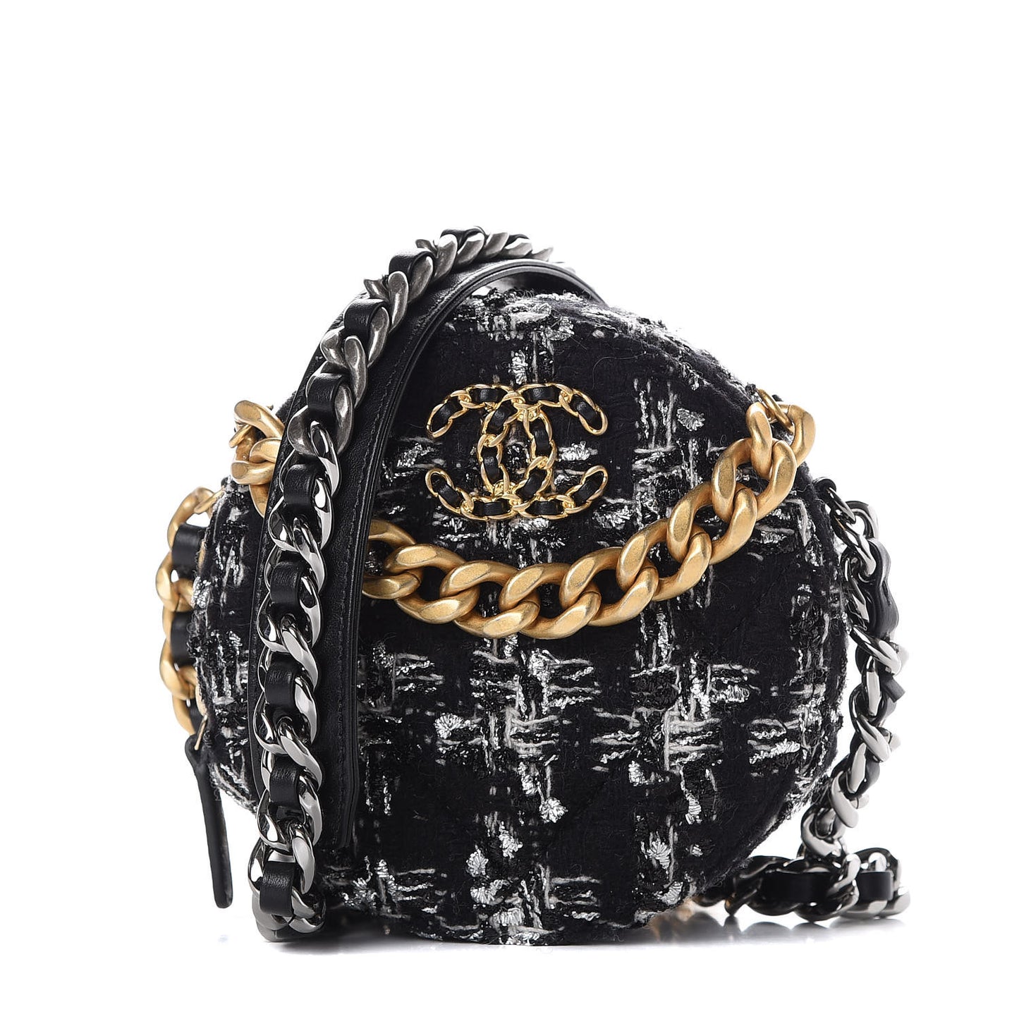 Tweed Quilted 19 Round Clutch With Chain Black White