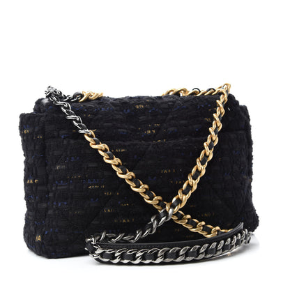 Chanel Tweed Quilted Large Chanel 19 Flap Black Navy Gold 3 of 10