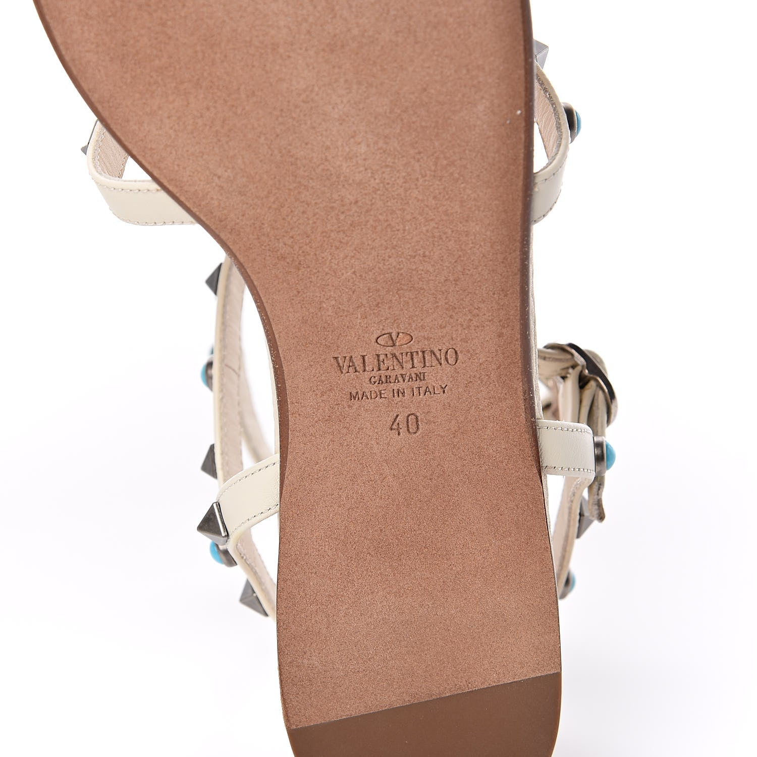 Valentino Garavani Calfskin Turquoise Rockstud Rolling Gladiator Flat Sandals 40 Light Ivory 6 of 8