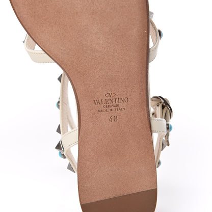 Valentino Garavani Calfskin Turquoise Rockstud Rolling Gladiator Flat Sandals 40 Light Ivory 6 of 8