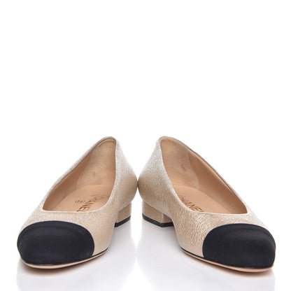 Chanel Metallic Goatskin Grosgrain Cap Toe Ballerina Flats 37 Gold Black 5 of 12