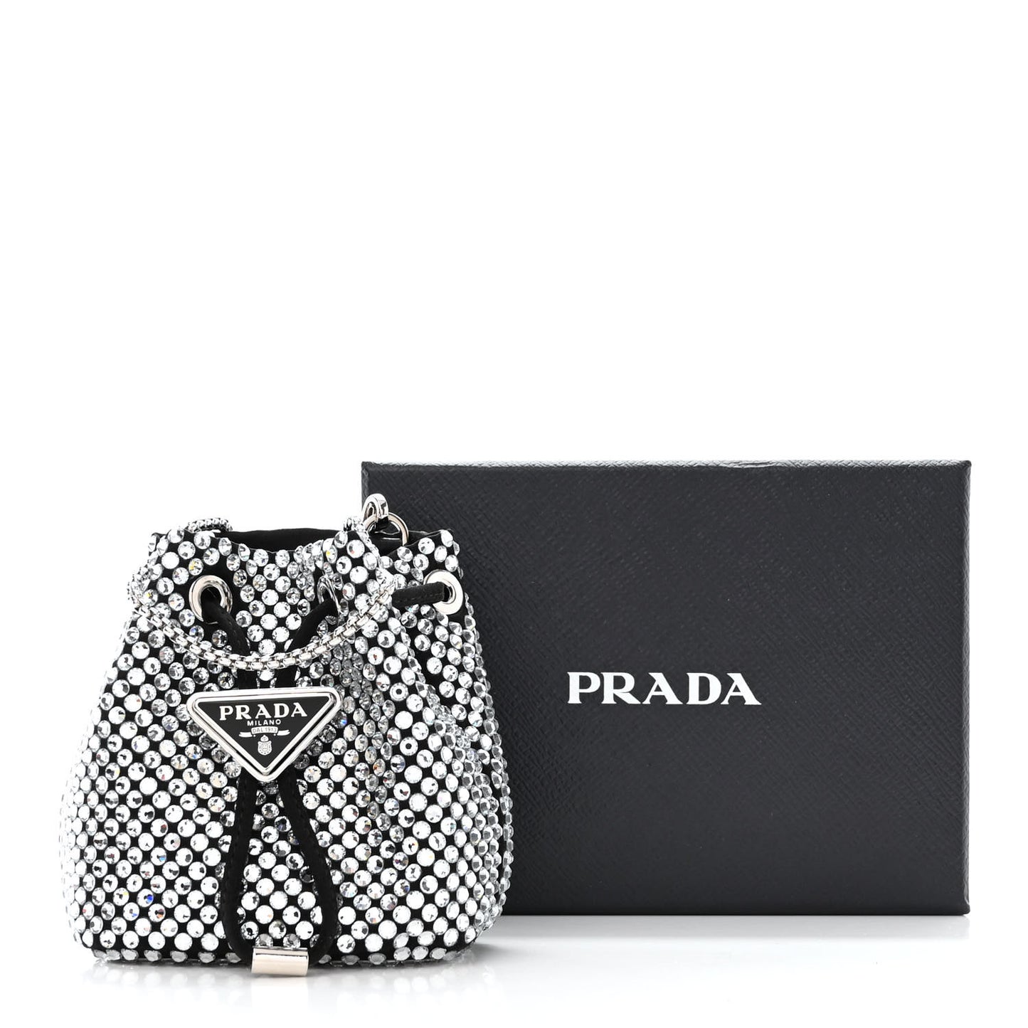 Satin Crystal Metal Triangle Logo Mini Drawcord Pouch Shoulder Bag Cristal