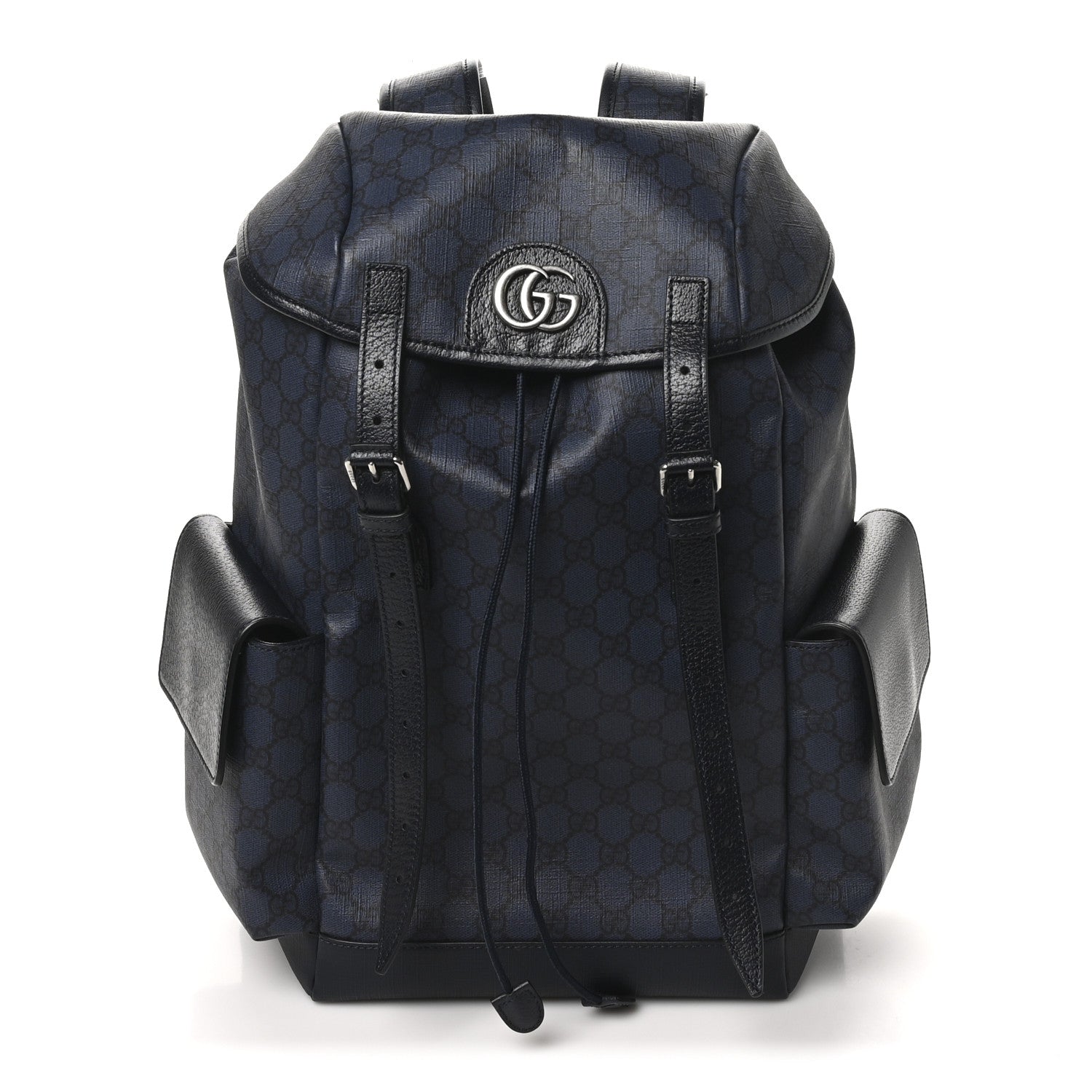 Gucci GG Supreme Monogram Textured Dollar Calfskin Medium Ophidia Double Buckle Backpack Blue Dark Blue Black 1 of 9