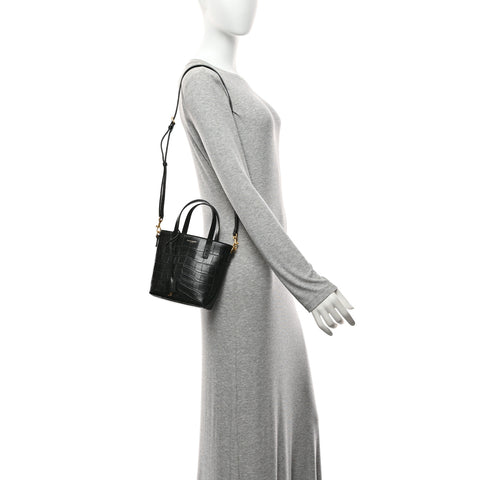 Calfskin Crocodile Embossed Paris Mini Toy Shopper Tote Black