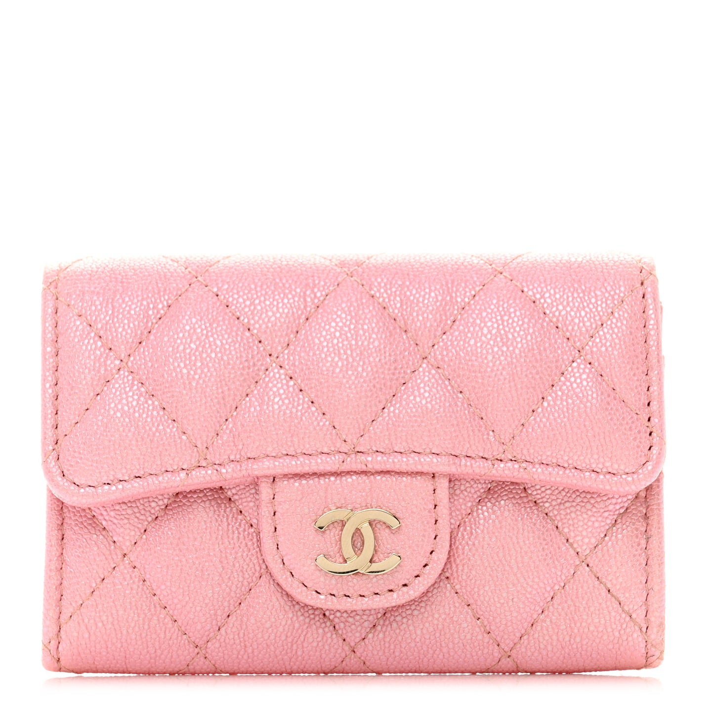 Iridescent Caviar Quilted Flap Card Holder Rose Pink