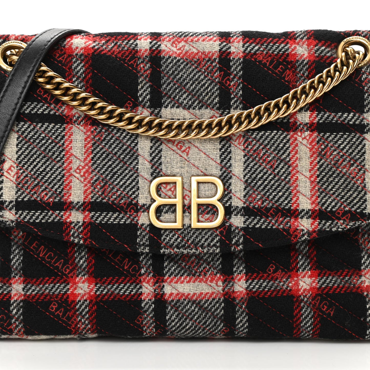 Wool Plaid Diagonal Allover Logo Matelasse M BB Round Shoulder Bag Black White Red