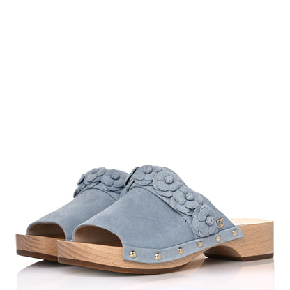 Chanel Suede Calfskin Camellia Mules 36 Light Blue 3 of 8