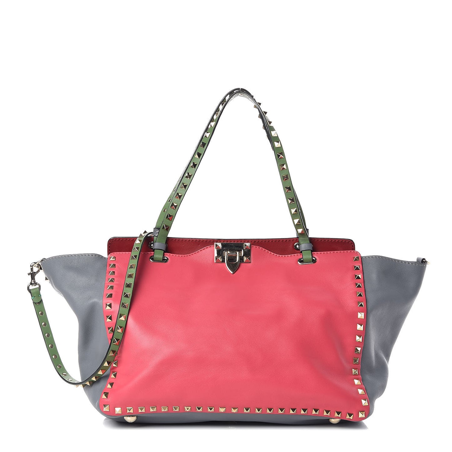 Vitello Colorblock Medium Rockstud Tote Deep Rose Clover Grey Scarlet