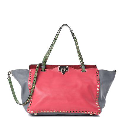Valentino Garavani Vitello Colorblock Medium Rockstud Tote Deep Rose Clover Grey Scarlet 1 of 16