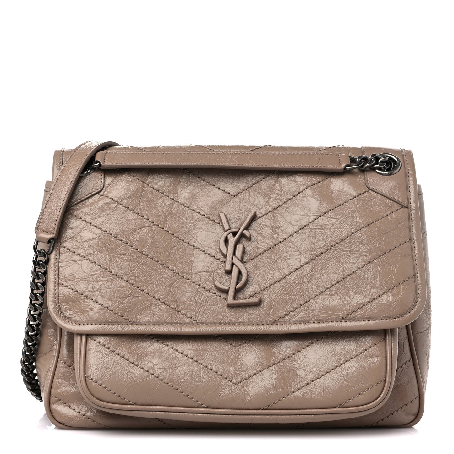 Crinkled Calfskin Matelasse Monogram Medium Niki Chain Satchel Gold Sand