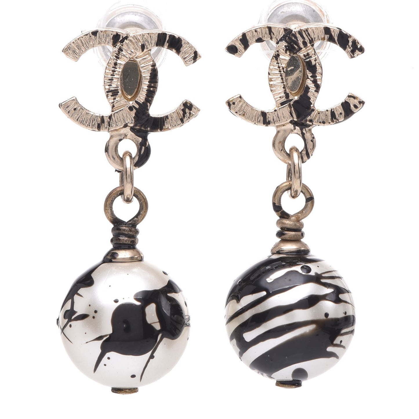 Pearl Bead CC Jackson Pollock Splattered Paint Drop Earrings Black Gold
