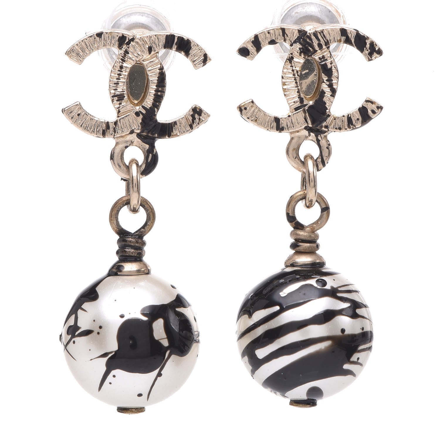 Chanel Pearl Bead CC Jackson Pollock Splattered Paint Drop Earrings Black Gold 1 of 5