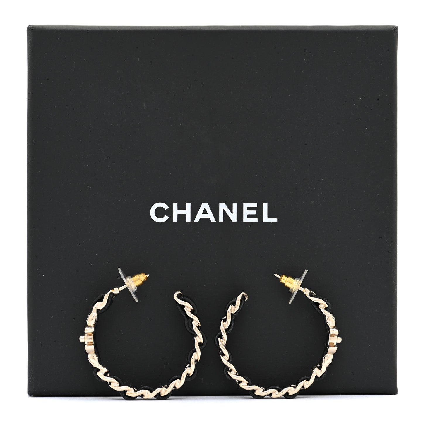 Metal Lambskin Quilted CC Turnlock Chain Hoop Earrings Gold Black