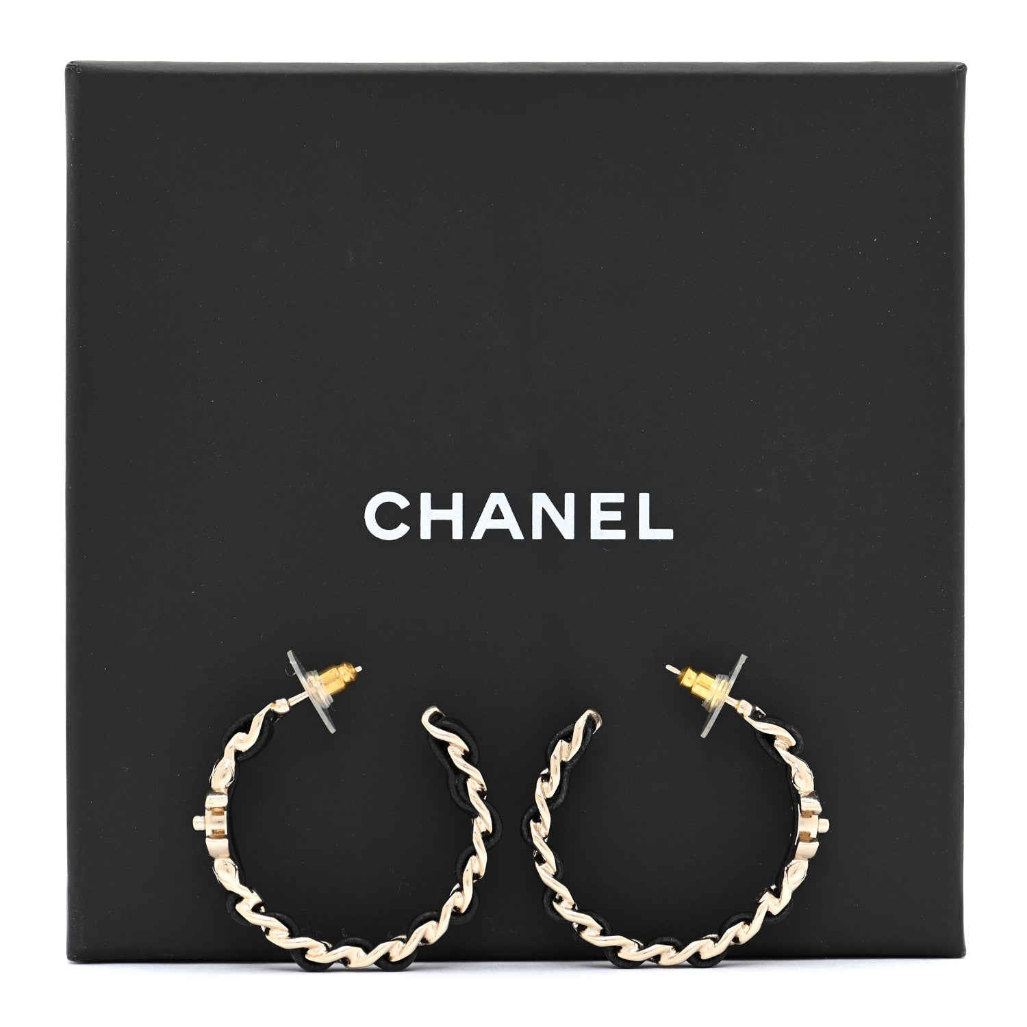 Chanel Metal Lambskin Quilted CC Turnlock Chain Hoop Earrings Gold Black 5 of 5
