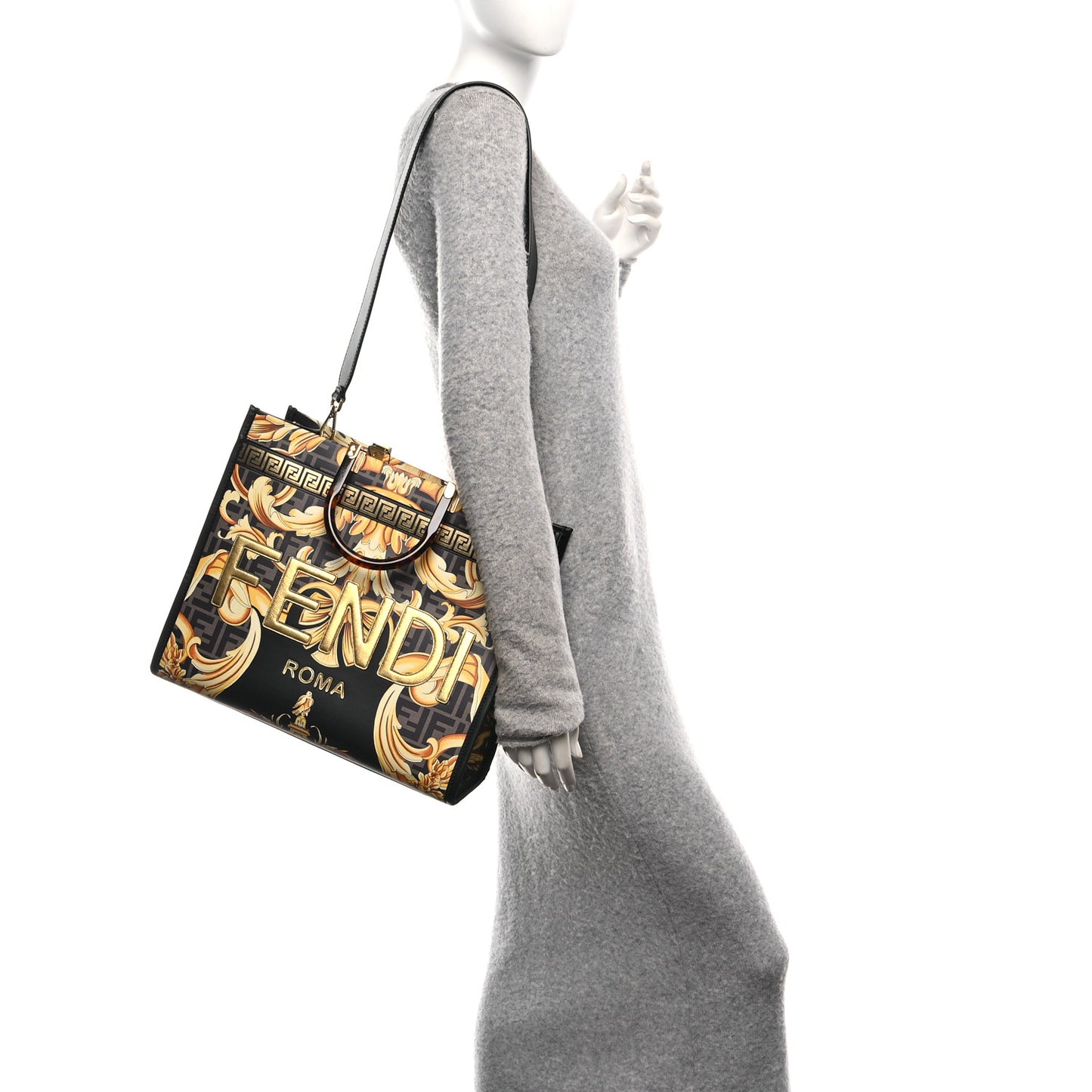 X VERSACE Calfskin Plexiglass Fendace FF Baroque Print Medium Fendi Sunshine Shopper Tote Black Gold