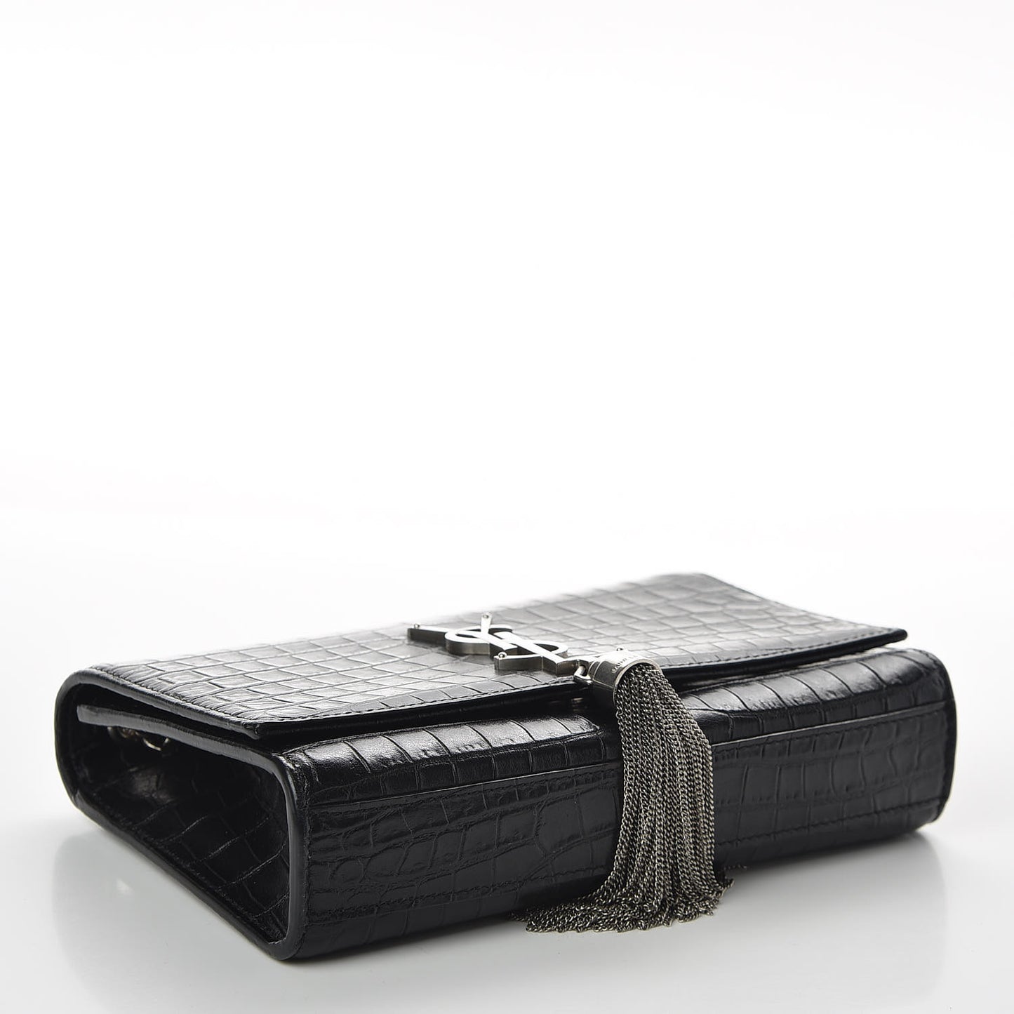 Calfskin Crocodile Embossed Small Classic Monogram Kate Tassel Satchel Black