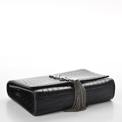 Saint Laurent Calfskin Crocodile Embossed Small Classic Monogram Kate Tassel Satchel Black 3 of 9