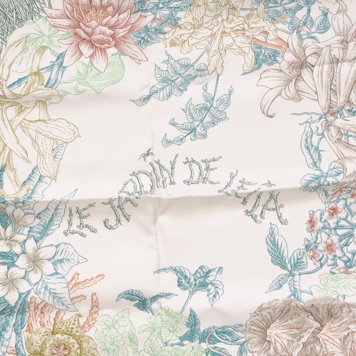 Silk Le Jardin de Leila Scarf 90 Blanc Vert Brun