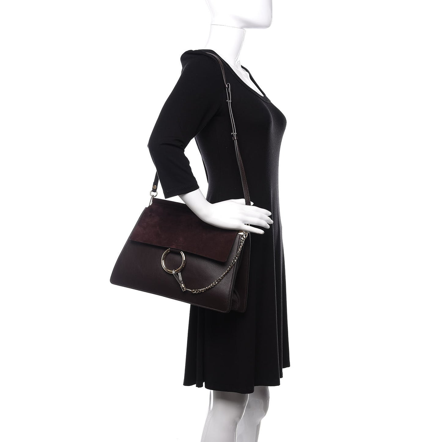 Calfskin Suede Medium Faye Shoulder Bag Carbon Brown