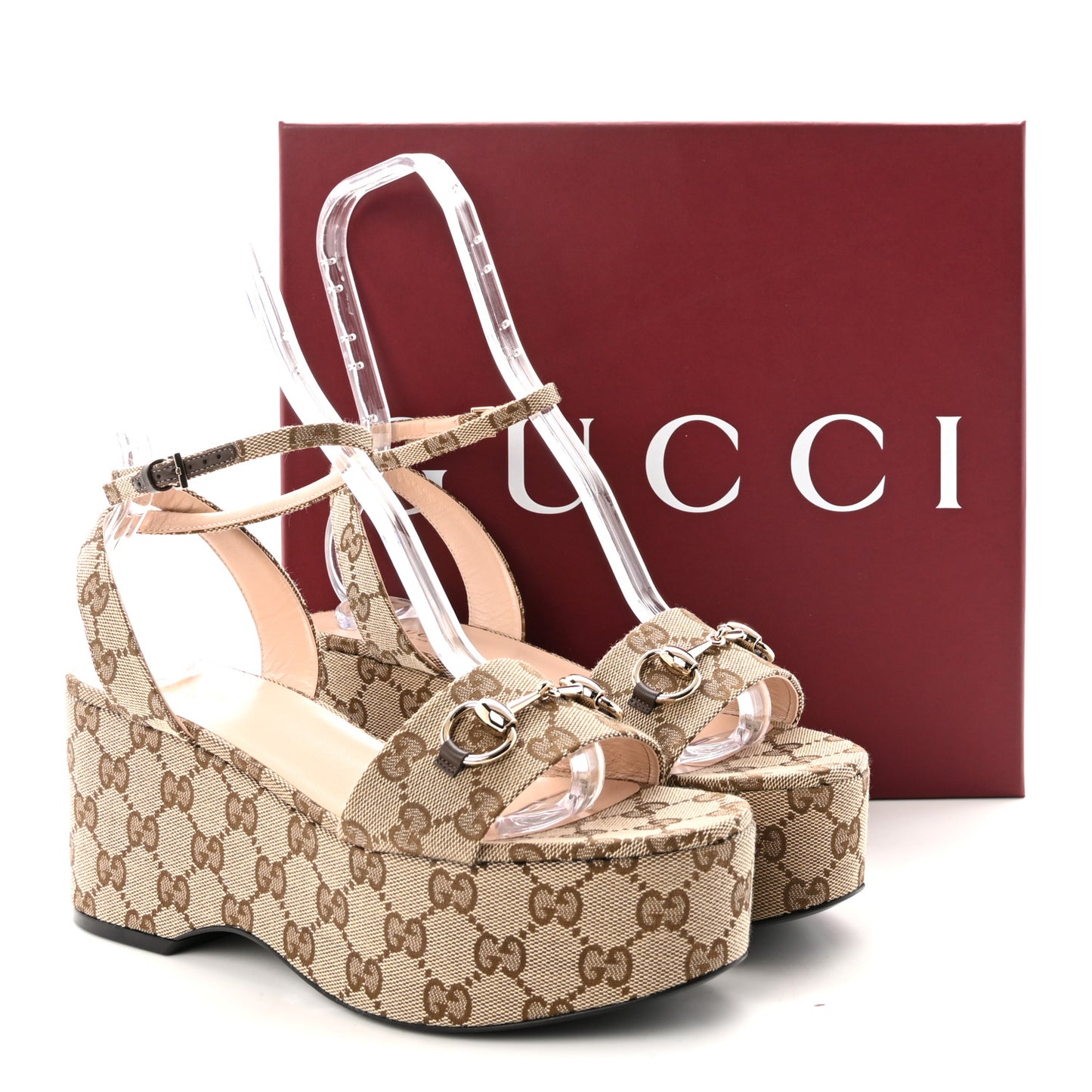 Monogram Nappa Chalotte Horsebit Ankle Strap 75mm Flatform Sandals 39.5 Beige Ebony