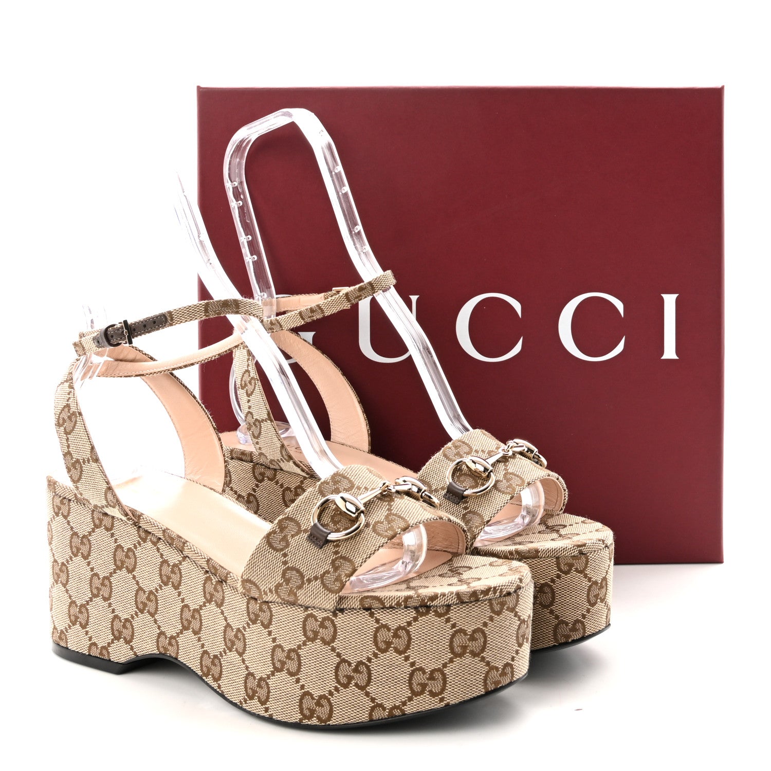 Gucci Monogram Nappa Chalotte Horsebit Ankle Strap 75mm Flatform Sandals 39.5 Beige Ebony 9 of 9