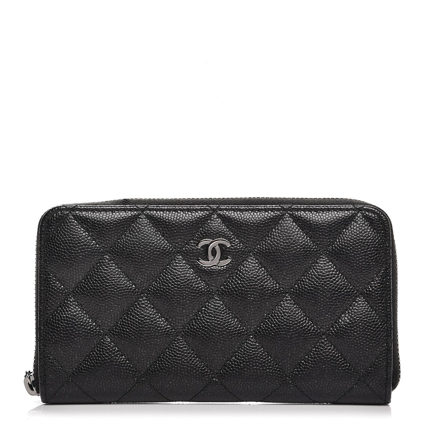 Metallic Caviar Quilted Small Zip Around Wallet Black