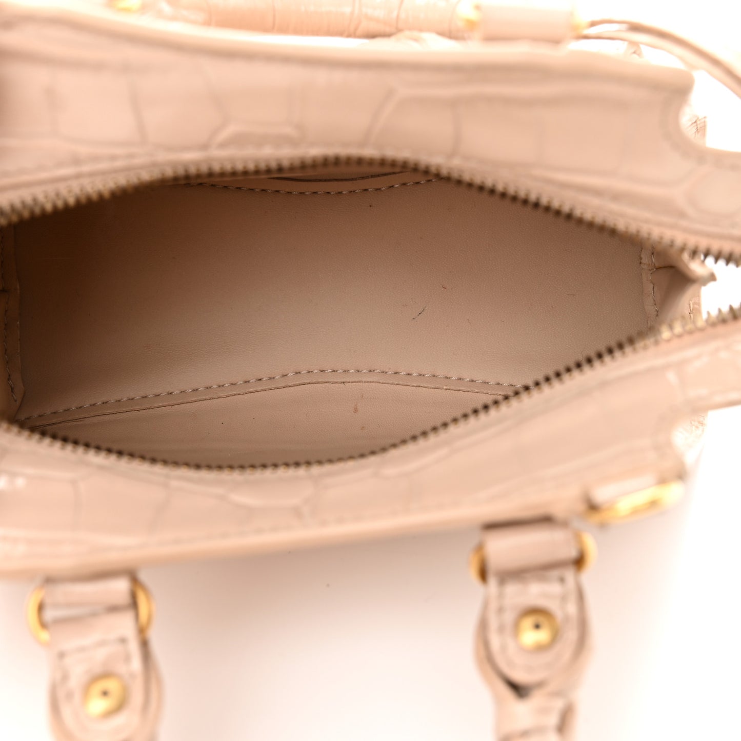 Shiny Supple Calfskin Crocodile Embossed Neo Classic Gold Hardware Nano City Crossbody Light Beige