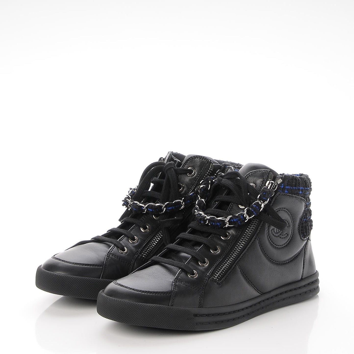 Lambskin Tweed Zipped Sneakers 38.5 Black Blue