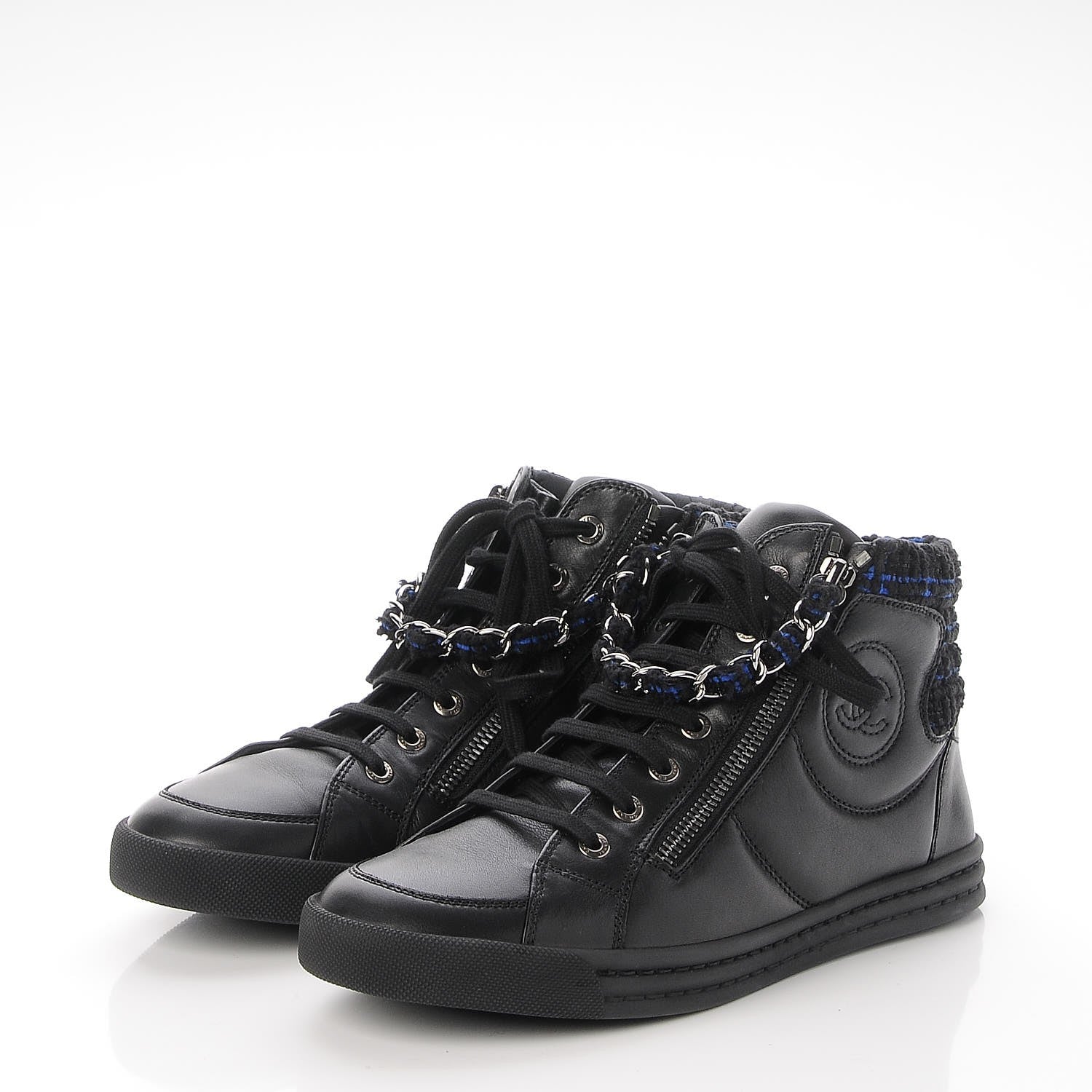 Chanel Lambskin Tweed Zipped Sneakers 38.5 Black Blue 3 of 9