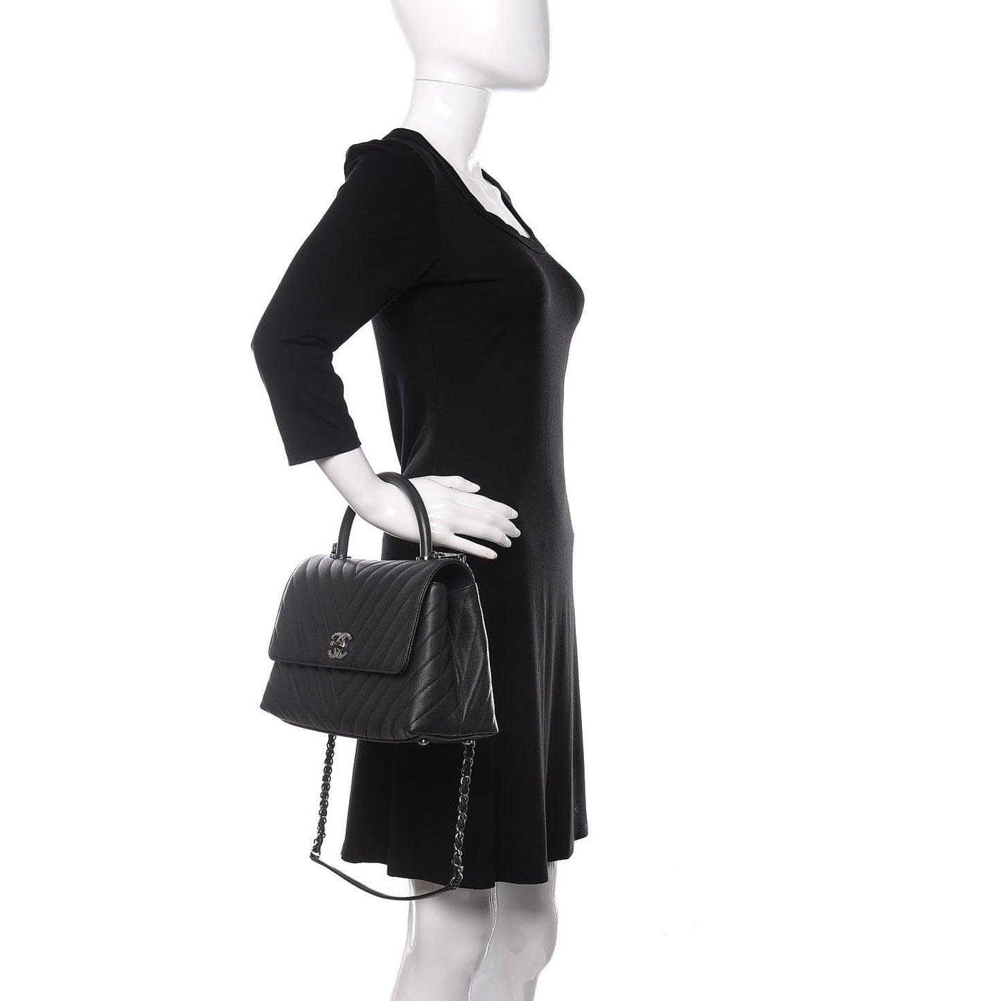 Caviar Chevron Quilted Small Coco Handle Flap Dark Grey