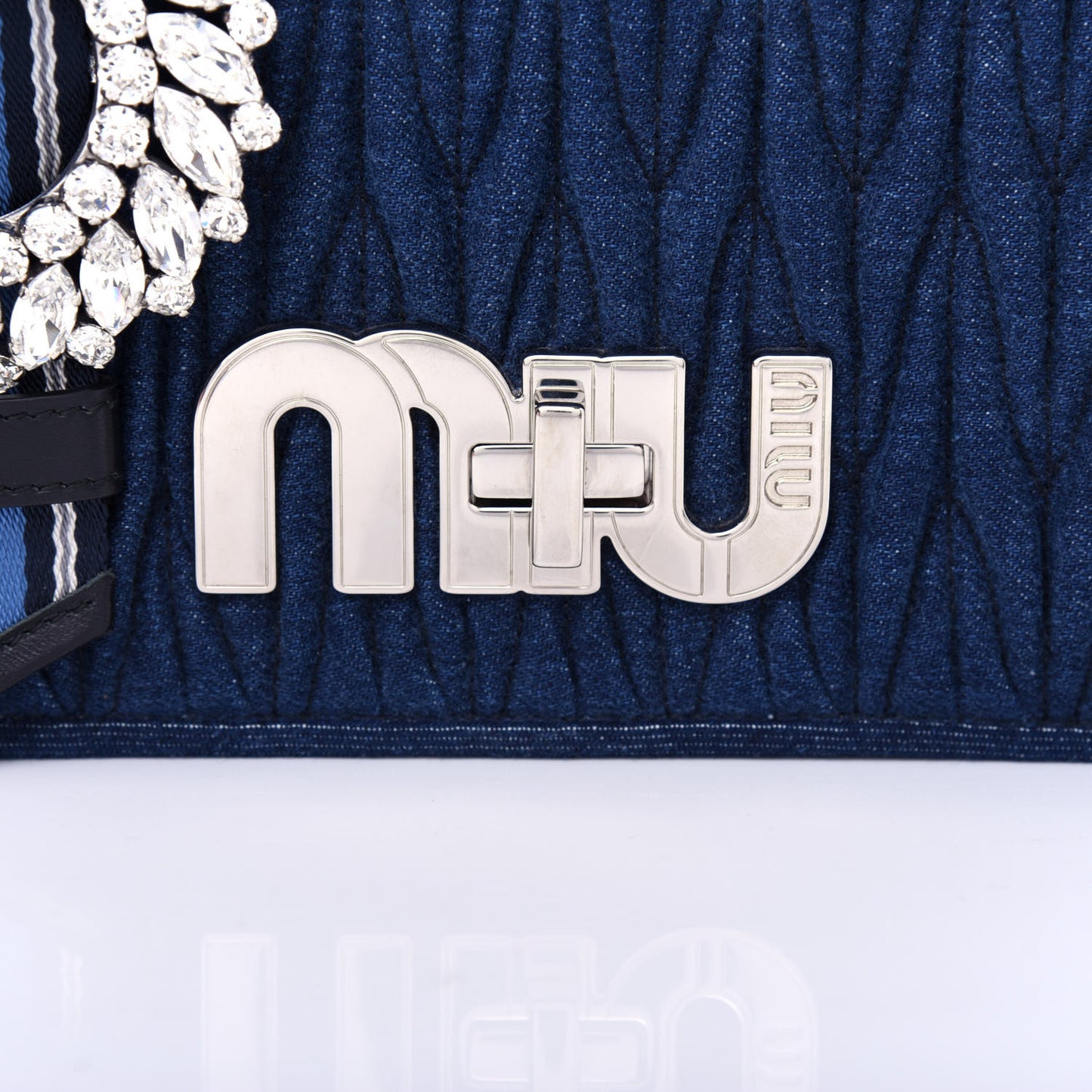 Denim Matelasse Crystal Embellished Shoulder Bag Blue