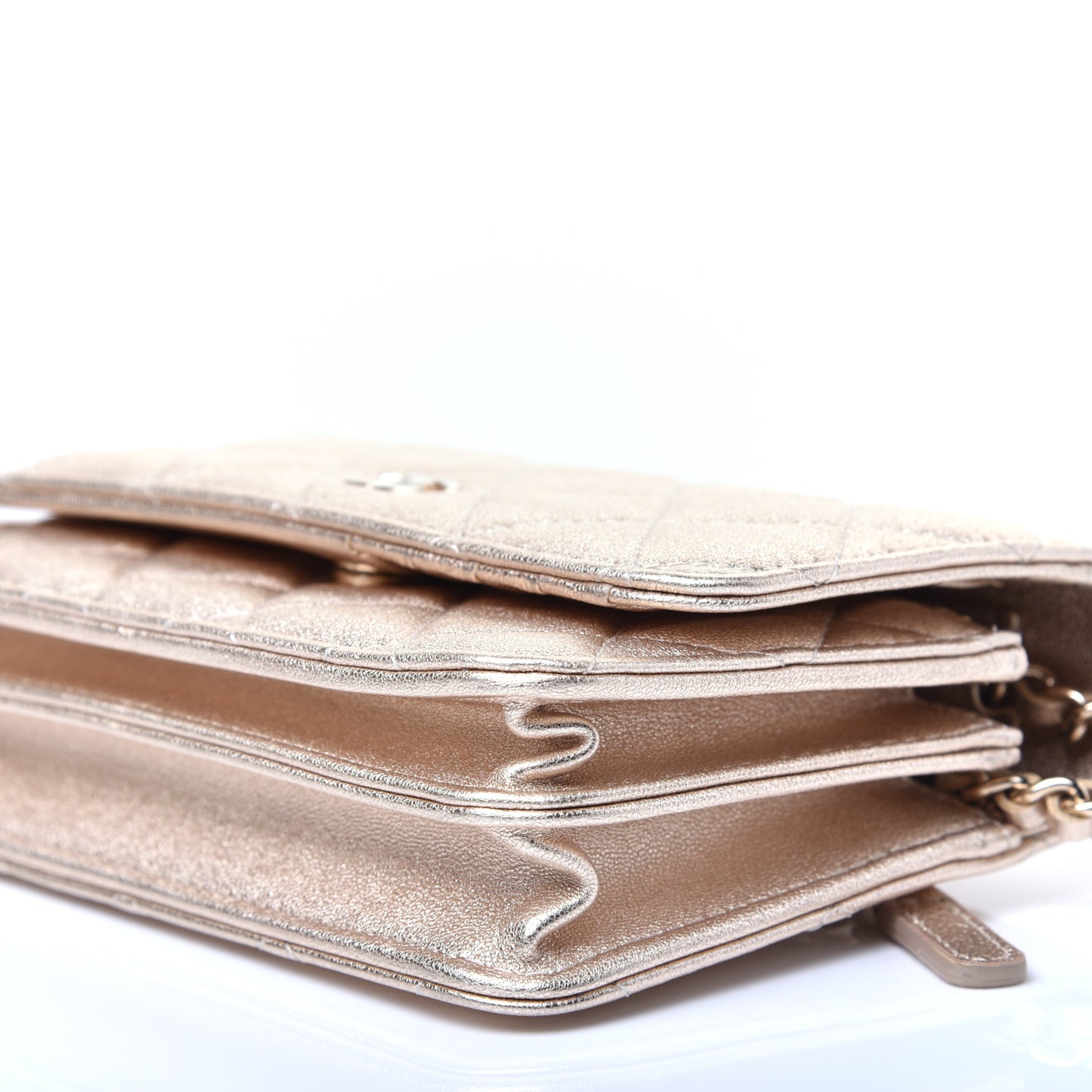 Metallic Lambskin Quilted Mini Wallet On Chain WOC Gold