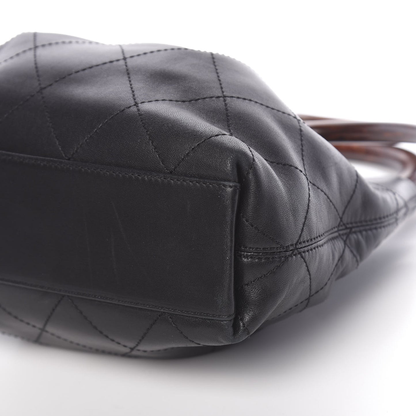 Lambskin Stitched Wood Handle Bag Black