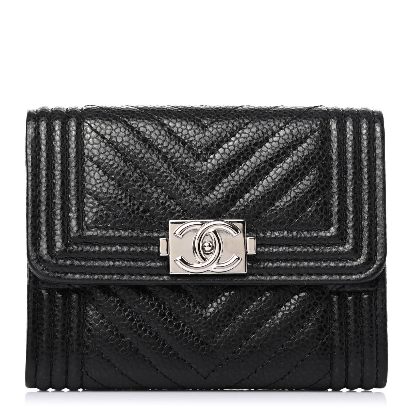 Caviar Chevron Quilted Boy Card Holder Wallet Black