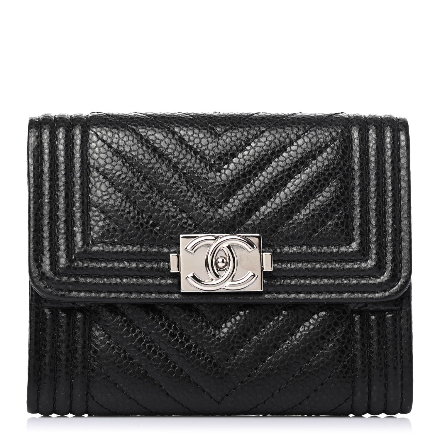 Chanel Caviar Chevron Quilted Boy Card Holder Wallet Black 1 of 4