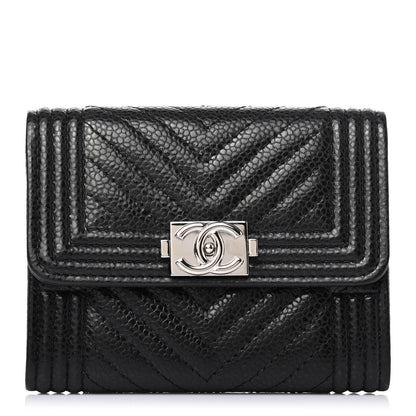 Chanel Caviar Chevron Quilted Boy Card Holder Wallet Black 1 of 4