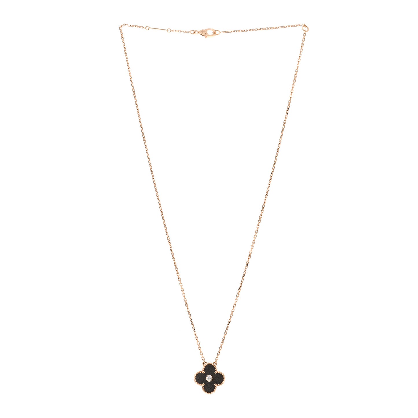 18K Rose Gold Diamond Silver Obsidian Vintage Alhambra Pendant Necklace