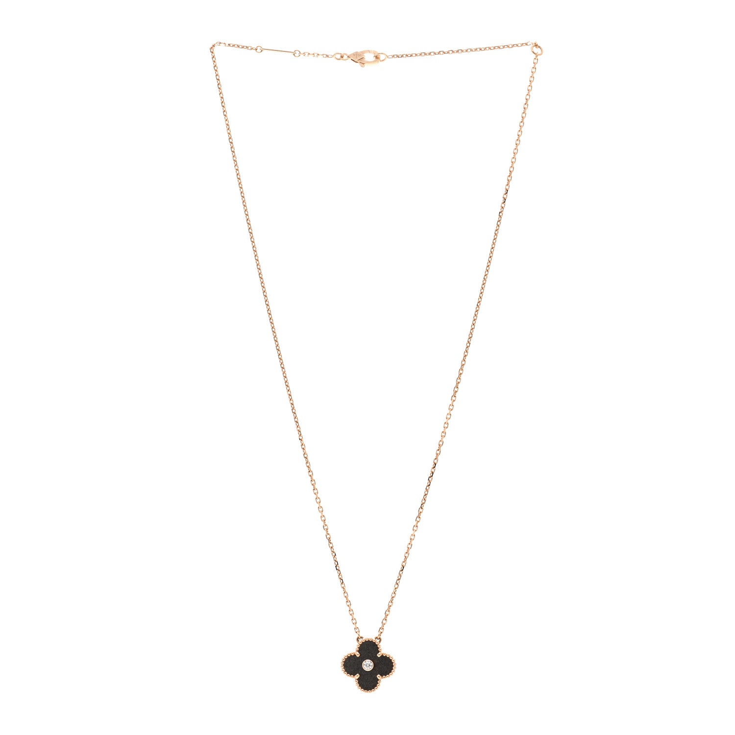 Van Cleef & Arpels 18K Rose Gold Diamond Silver Obsidian Vintage Alhambra Pendant Necklace 4 of 6