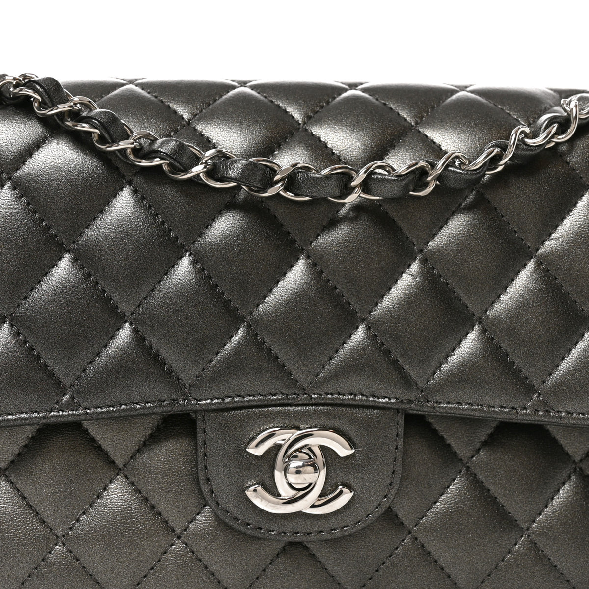 Metallic Lambskin Quilted Medium Double Flap Anthracite