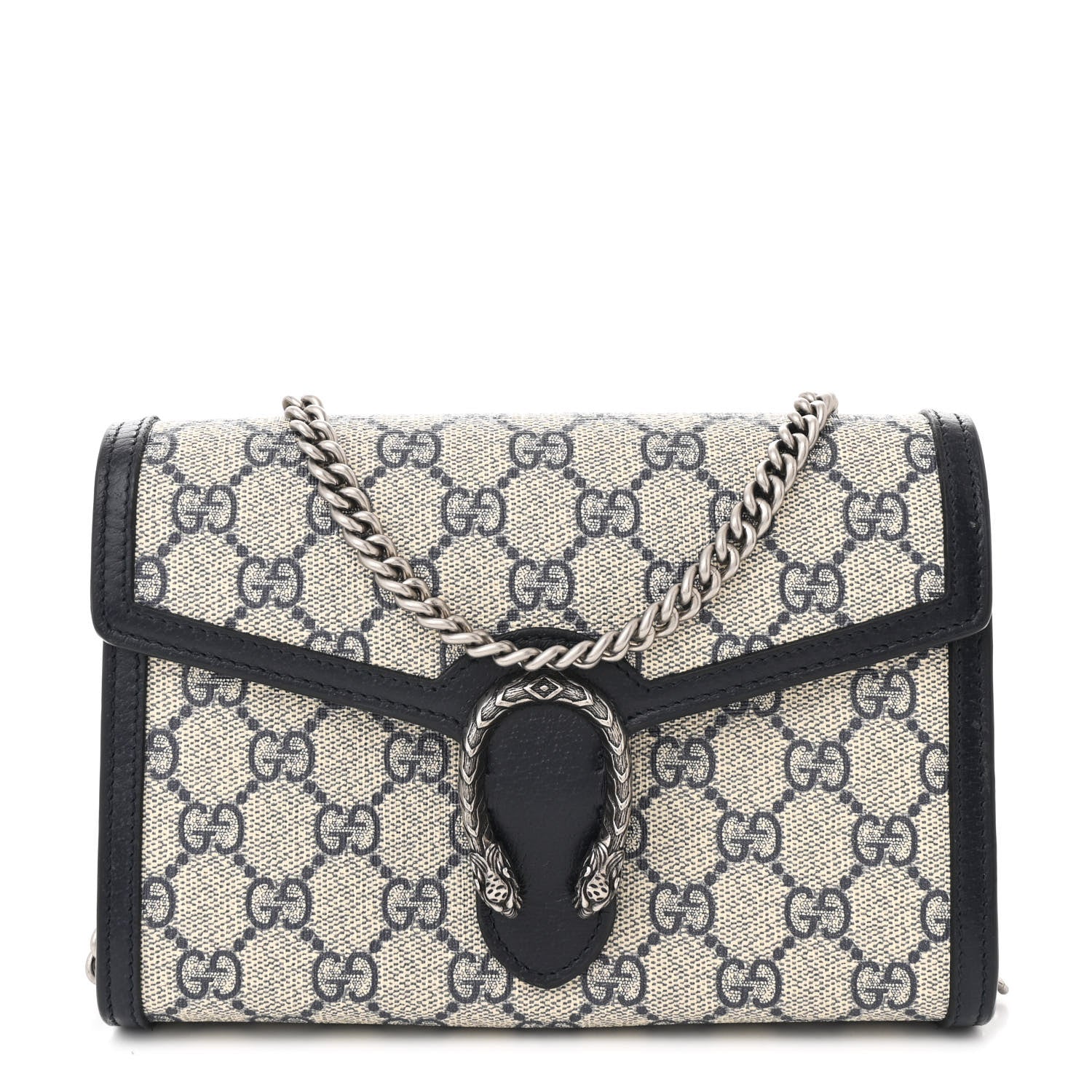 Gucci GG Supreme Monogram Textured Dollar Calfskin Mini Dionysus Chain Wallet Beige Blue 1 of 12
