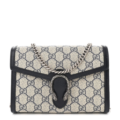 Gucci GG Supreme Monogram Textured Dollar Calfskin Mini Dionysus Chain Wallet Beige Blue 1 of 12