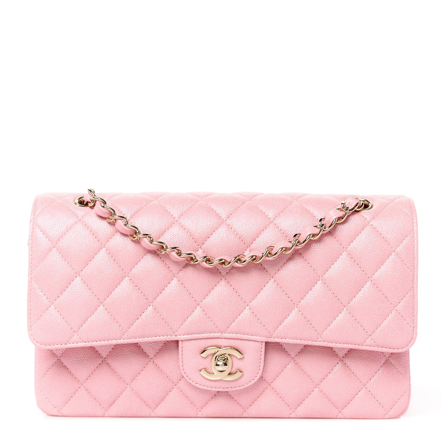 Iridescent Caviar Quilted Medium Double Flap Rose Pink