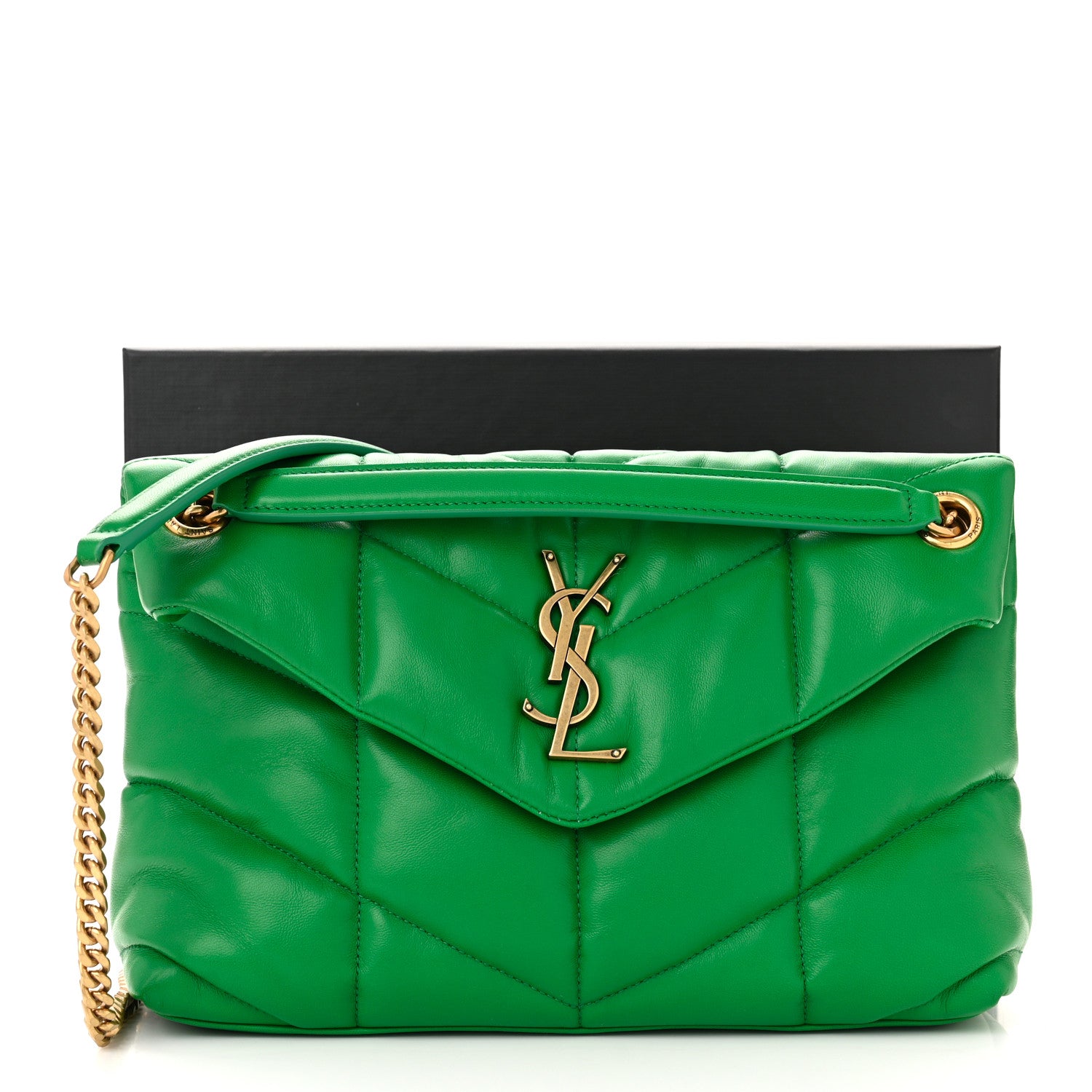 Saint Laurent Lambskin Quilted Small Loulou Puffer Monogram Chain Satchel New Vert 11 of 11