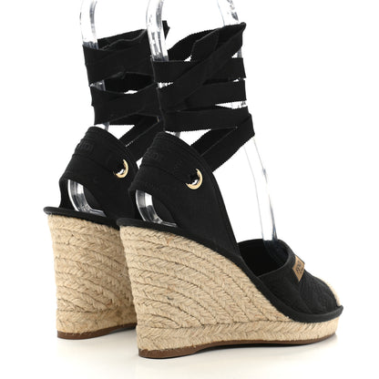 Fendi Canvas FF Embroidered Roma Ankle Wrap Wedge Espadrilles 36 Black 4 of 10