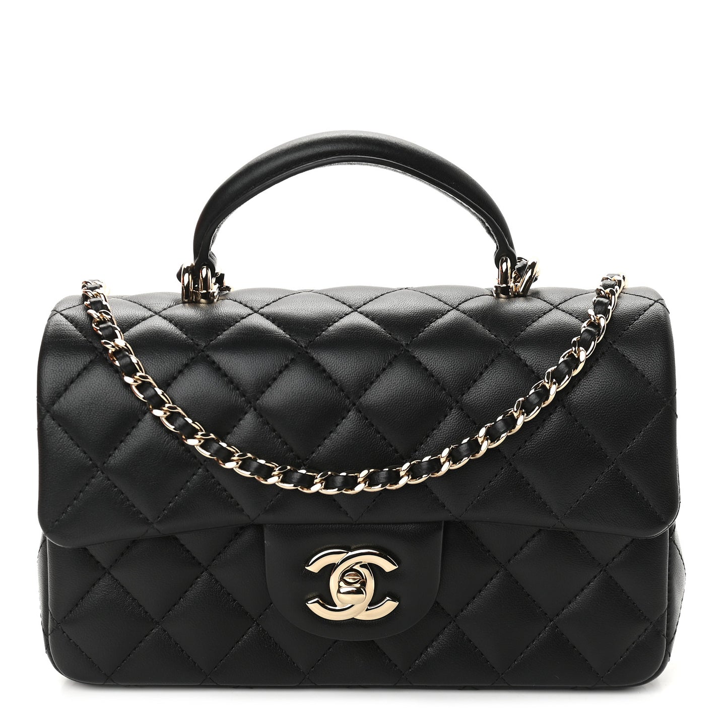 Lambskin Quilted Mini Top Handle Rectangular Flap Black